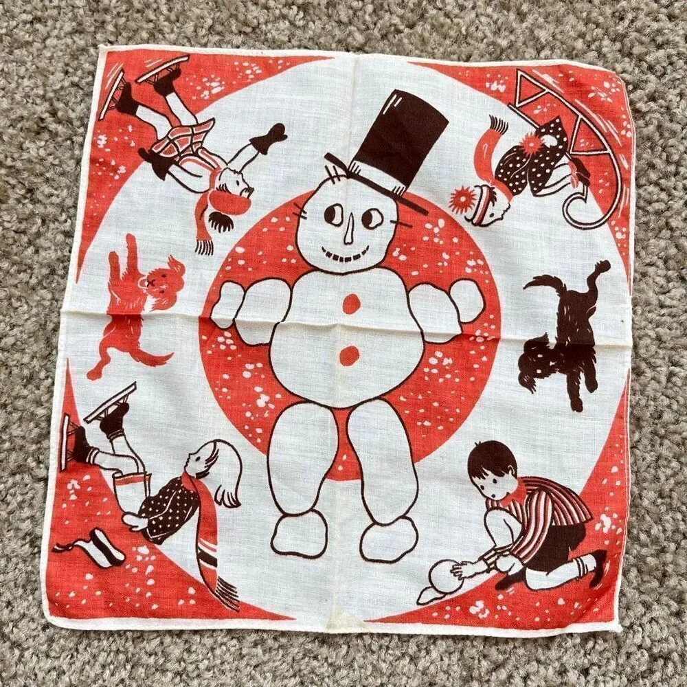 VTG 40s 50s Winter Kids Snowman Hankie 8.5” Novelty Print RARE
